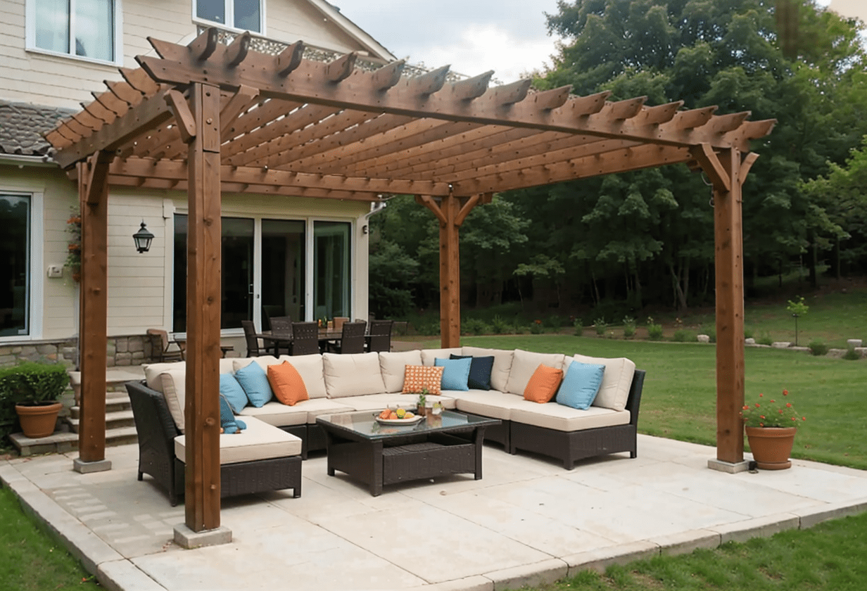 attachable pergola accent, home exterior, dining space, fire pit, outdoor shelter, decorative structure