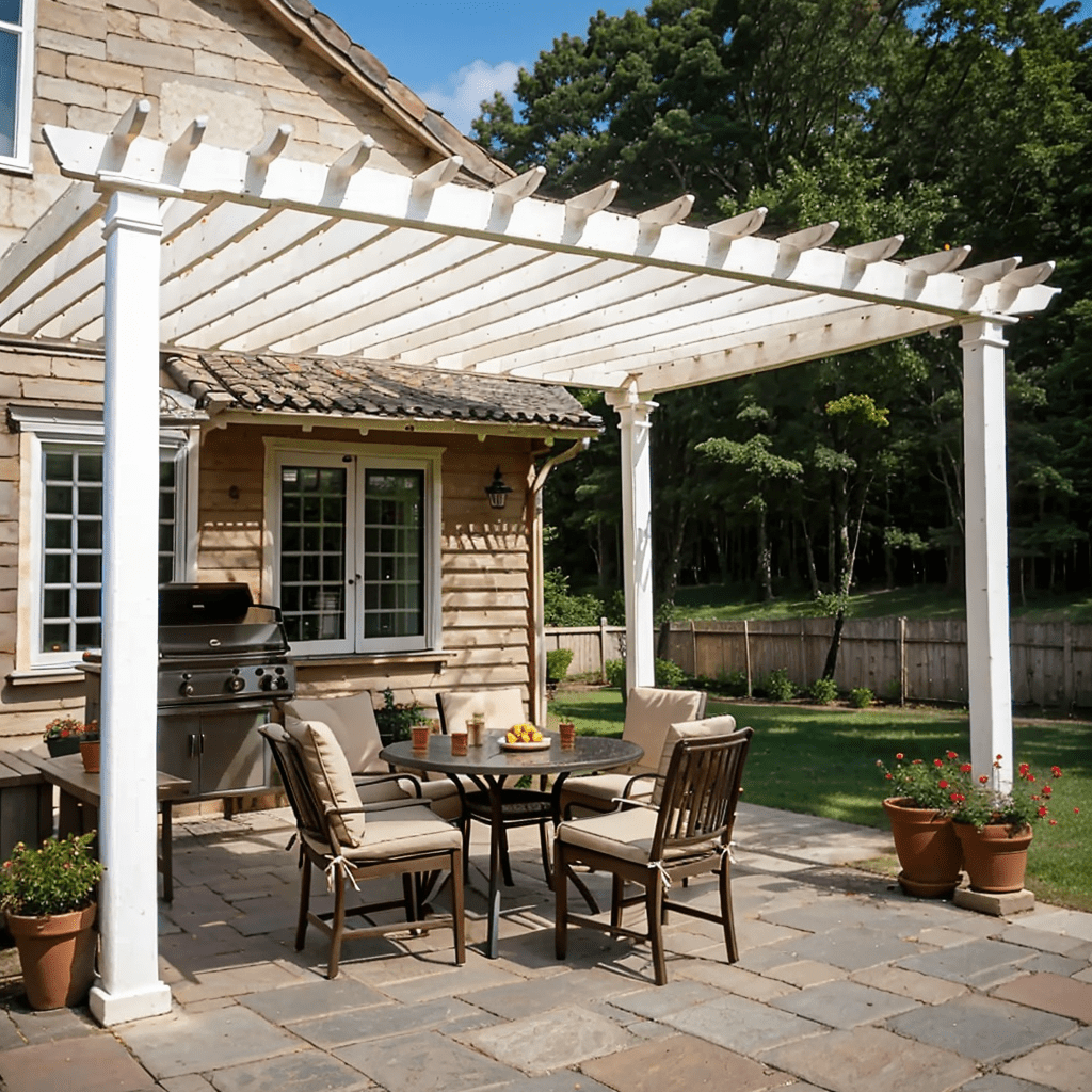 attachable pergola accent, home exterior, dining space, outdoor