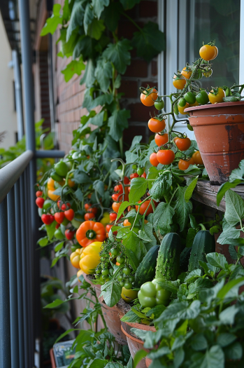 .balcony garden, edible plants, colorful vegetables, urban gardening, container gardening.