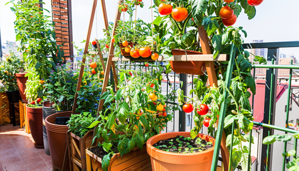 balcony garden, edible plants, colorful vegetables, urban gardening, container gardening
