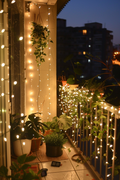 balcony garden, fairy lights, solar lights, evening ambiance