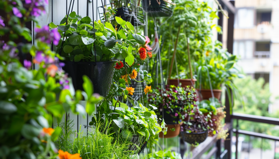 balcony garden, hanging baskets, vertical gardening, ornamental plants, edible plants