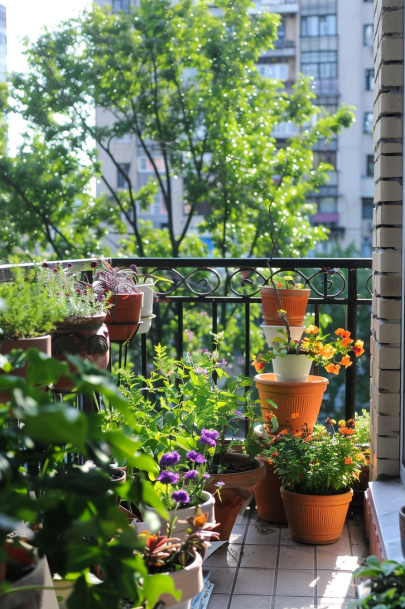 balcony garden, lightweight pots, sun-loving plants, secure fastening, urban setting
