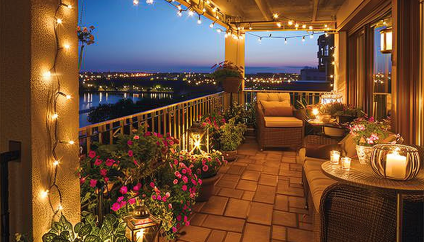 balcony garden, nighttime, string lights, night-blooming flowers, cozy, warm glow-