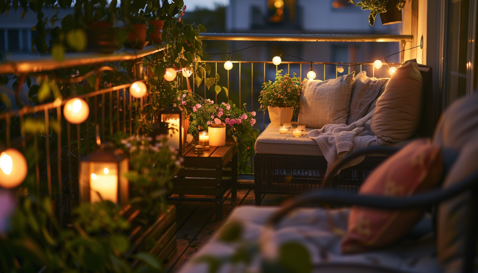 balcony garden, nighttime, string lights, night-blooming flowers, cozy, warm glow
