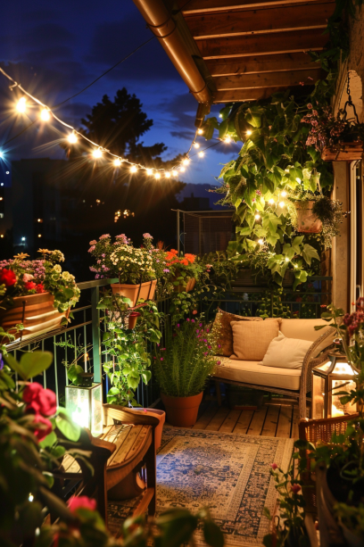 balcony garden, nighttime, string lights, night-blooming flowers, cozy, warm glow...