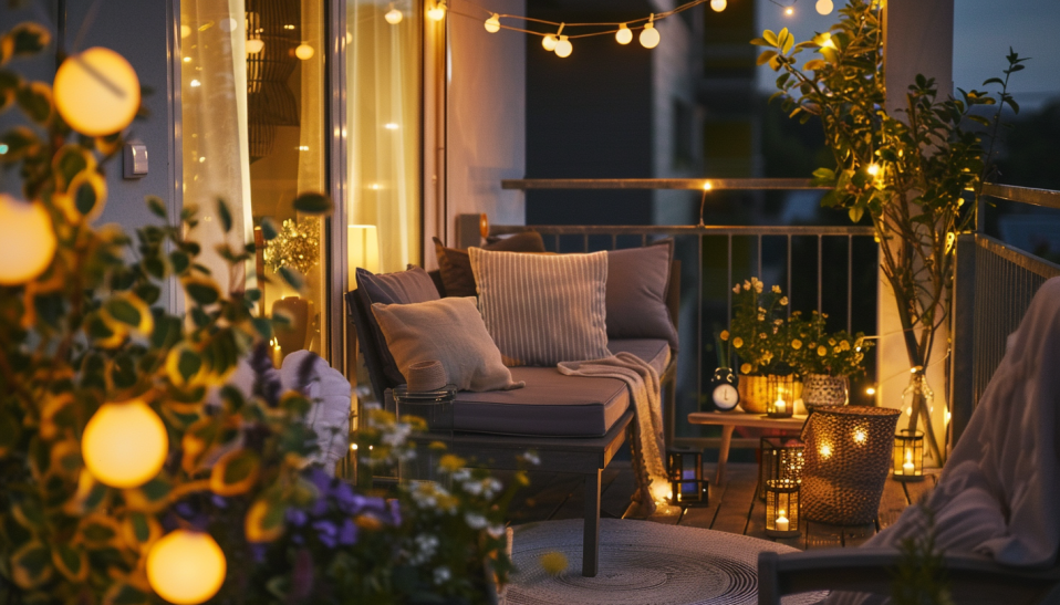 balcony garden, nighttime, string lights, night-blooming flowers, cozy