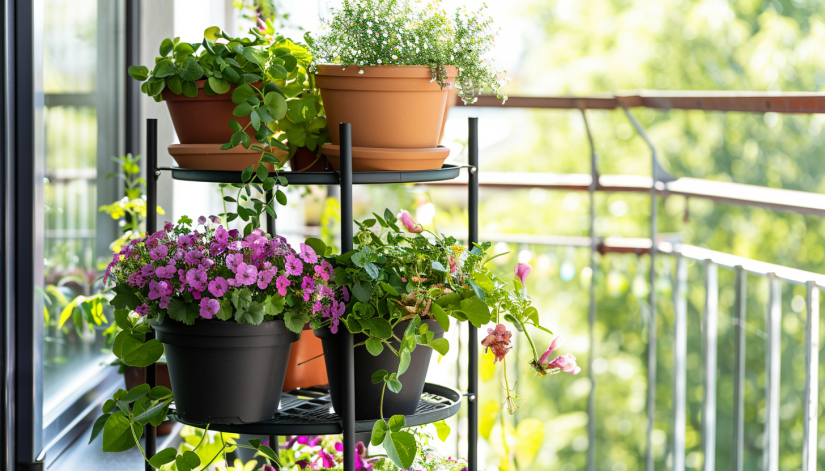 balcony garden, plant stands, tiered stands, sun exposure, depth in garden.