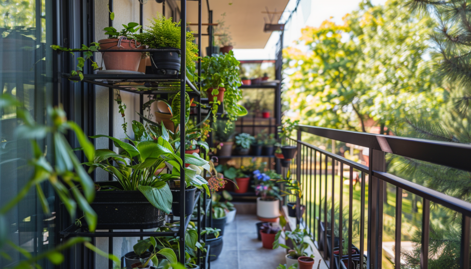 balcony garden, plant stands, tiered stands, sun exposure, depth in garden
