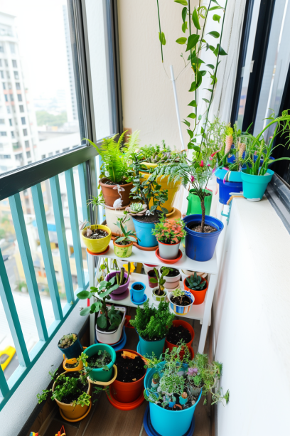 balcony garden, potted plants, ferns, succulents, small shrubs, colorful pots small