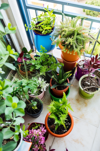 balcony garden, potted plants, ferns, succulents, small shrubs, colorful pots.