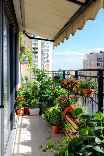 balcony garden, retractable awning, shade cloth, plant protection