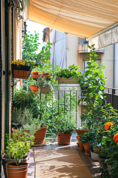 balcony garden, retractable awning, shade cloth, plant protection.