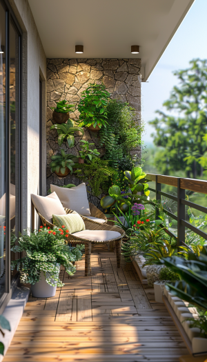 balcony garden, weather-resistant art, stone sculptures, metal art, durable paintings.