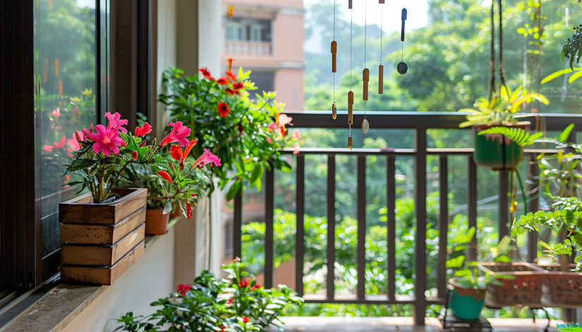 balcony garden, wind chimes, tranquil atmosphere, gentle breeze, light melodies