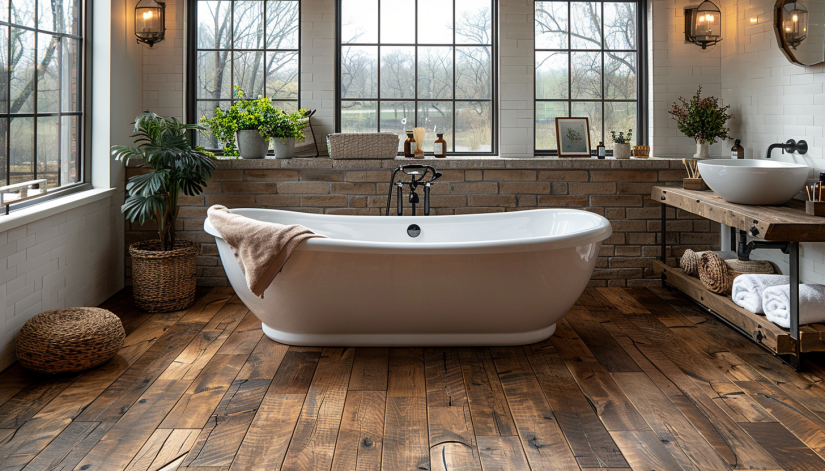 bathroom, engineered wood flooring, humidity resistance, modern fixtures, minimalistic design, water-resistant wood