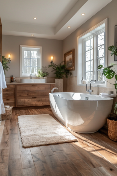 bathroom, engineered wood flooring, humidity resistance, modern fixtures, minimalistic