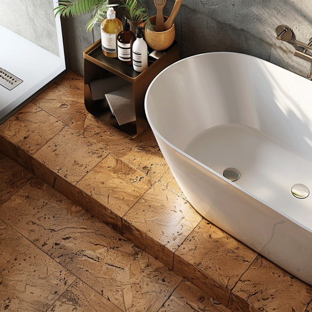 bathroom tile Cork being harvested and transformed into flooring, showcasing its eco-friendly nature.