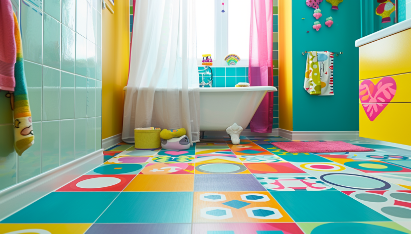 bathroom, vinyl flooring, water-resistant, colorful, playful pattern