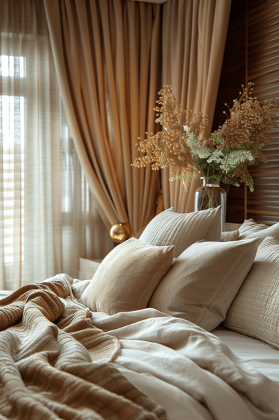 bedroom, heavy fabric curtains, luxurious, cozy, elegant interior