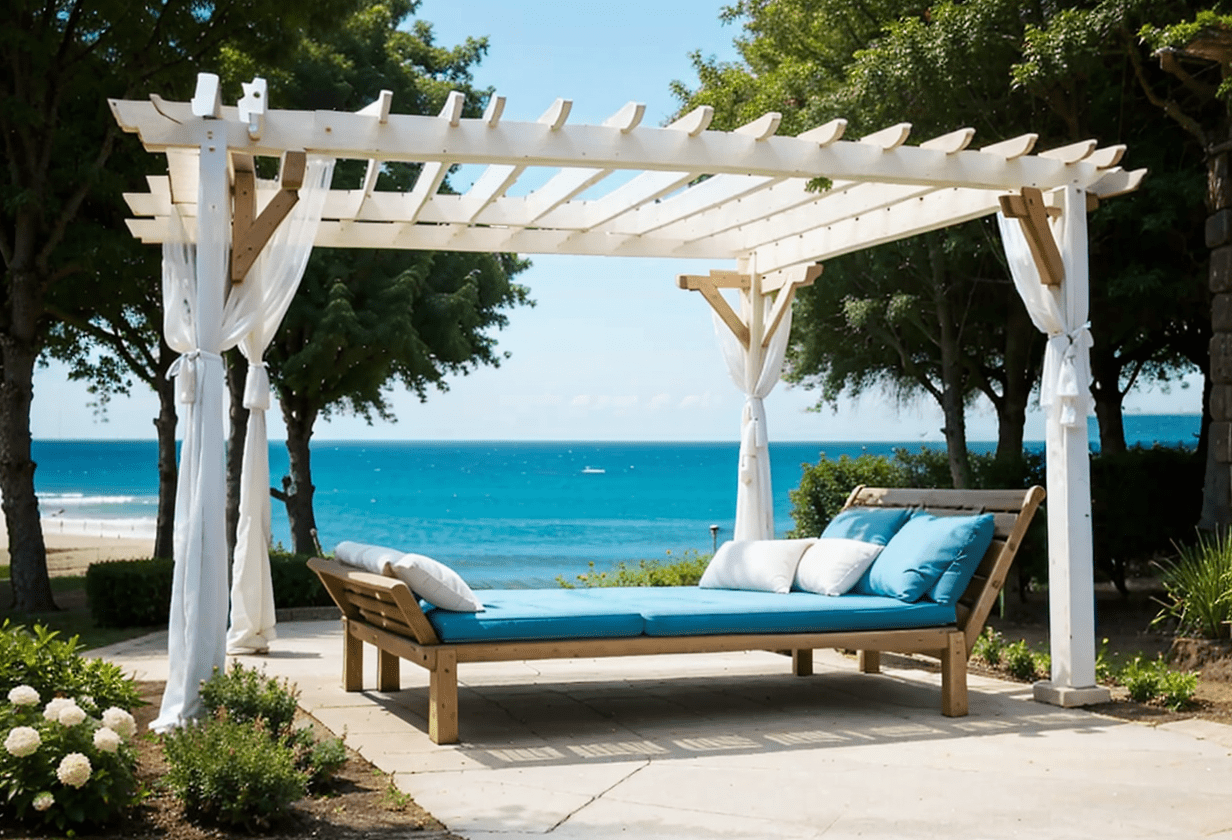 blue coastal pergola, beachy backyard, humidity-resistant materials, light hues, nautical accents