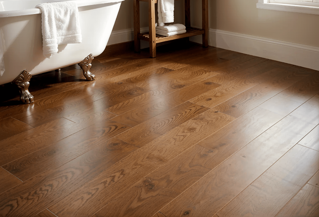 bright and airy bathroom featuring waterproof laminate flooring with a light oak finish.