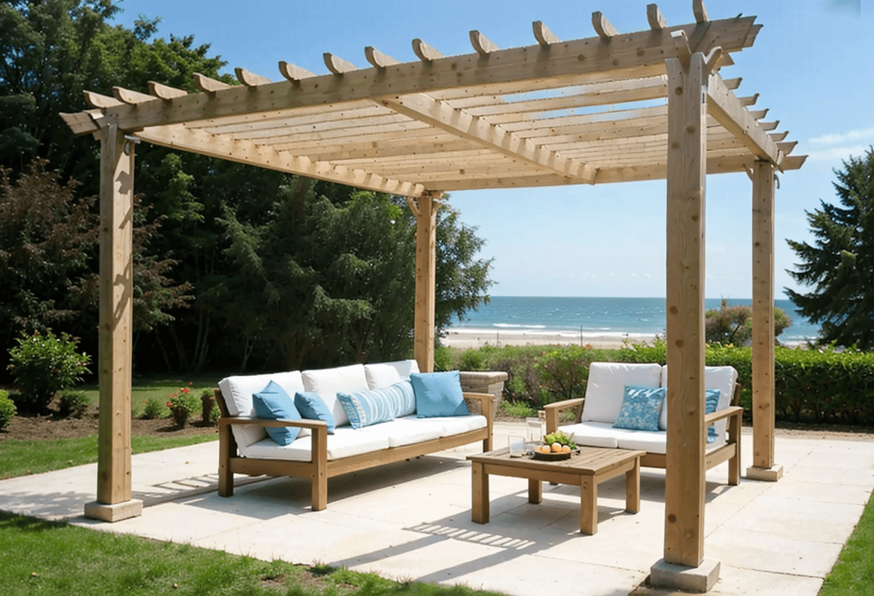 coastal pergola, beachy backyard, humidity-resistant materials, light hues, nautical accents ocean