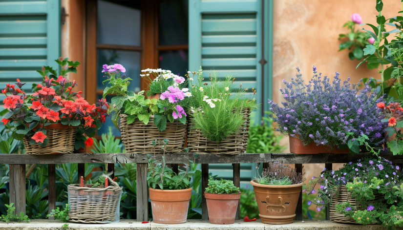 cottage core, balcony garden, flowering plants, rustic planters, vintage gardening tools.