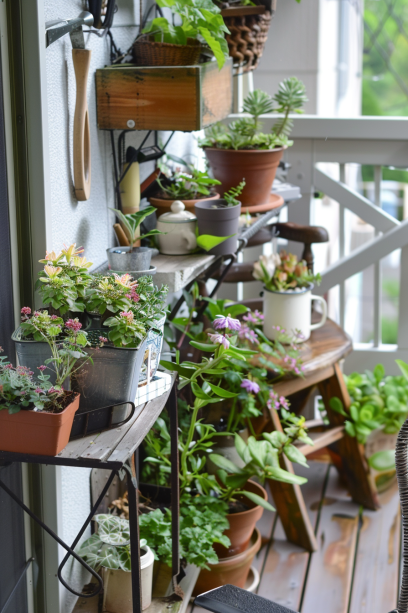 cottage core, balcony garden, flowering plants, rustic planters, vintage gardening tools