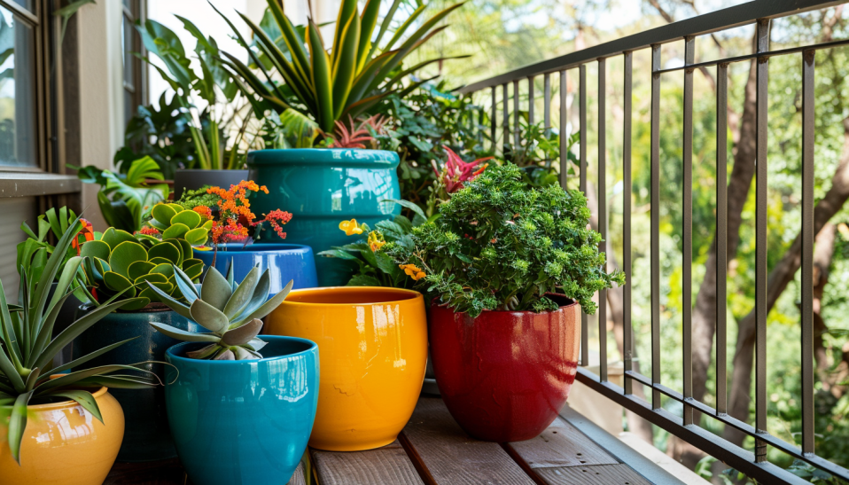 decorative pots, balcony garden, ceramic, terracotta, modern, lush plants