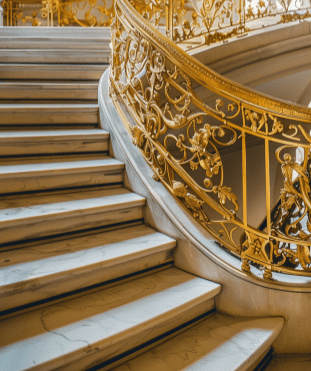 gold-plated railings, staircase, modern minimalist, classical interior, opulent detail.