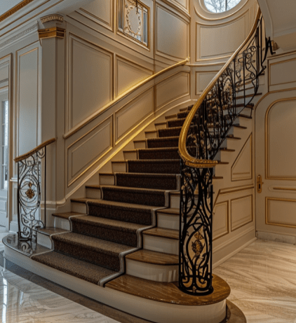 gold-plated railings, staircase, modern minimalist, classical interior, opulent detail