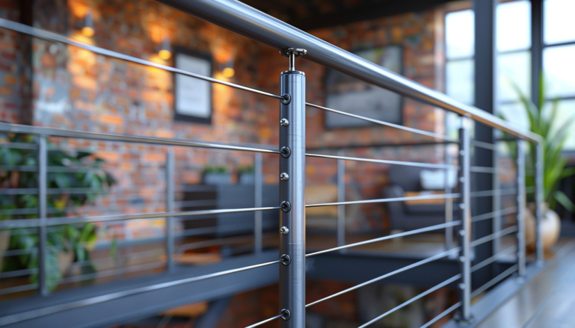 industrial stair railing, steel cable, urban loft, modern design, scenic view preservation .