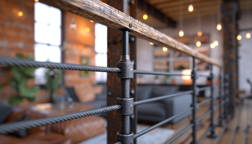 industrial stair railing, steel cable, urban loft, modern design, scenic view preservation