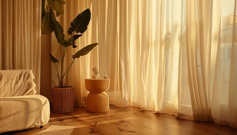 interior, elegant curtains, floor-touching, fabric texture.