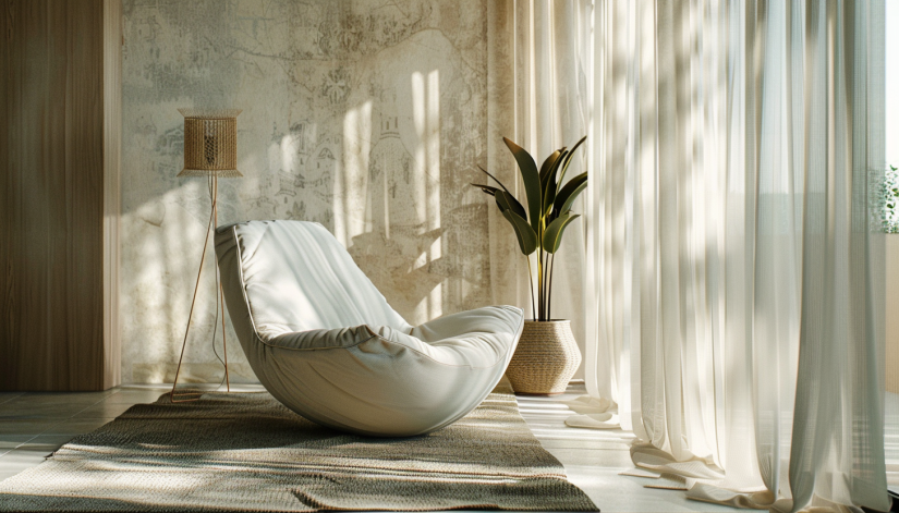 interior, elegant curtains, floor-touching, fabric texture