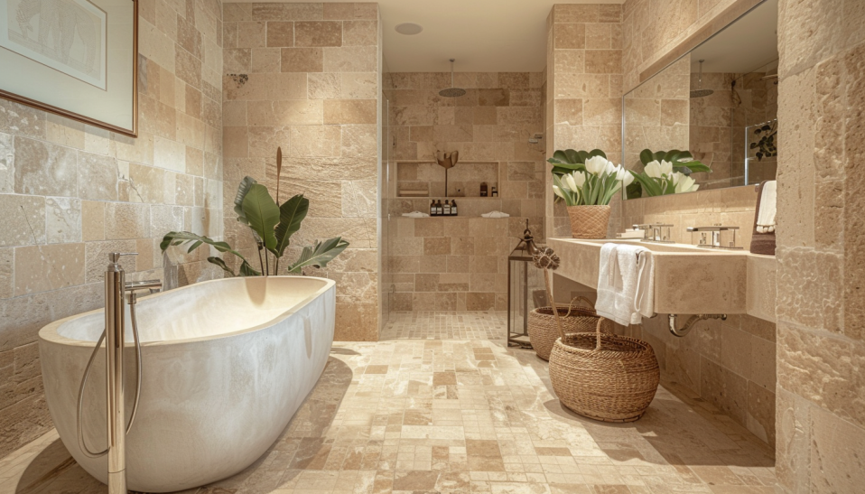 limestone tiles, natural texture, bathroom, earthy warmth, durable