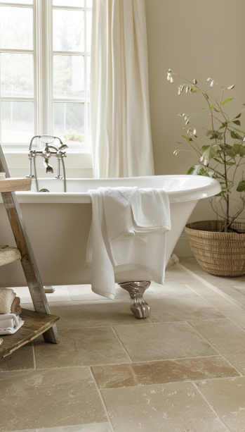 limestone tiles, natural texture, bathroom, earthy warmth, durable bath