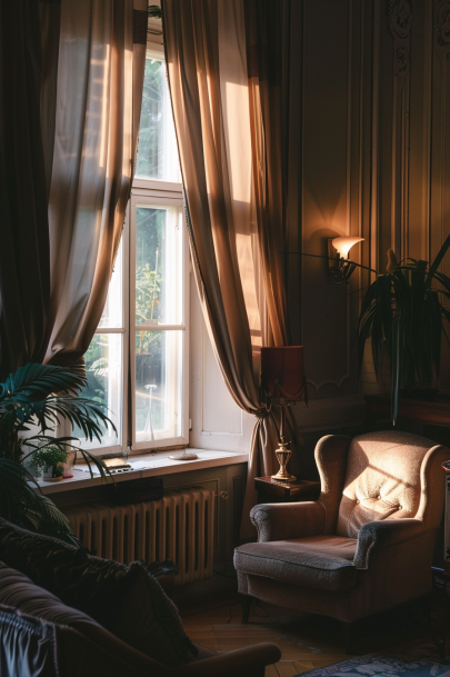 living room, suede curtains, cozy, elegant, soft lighting