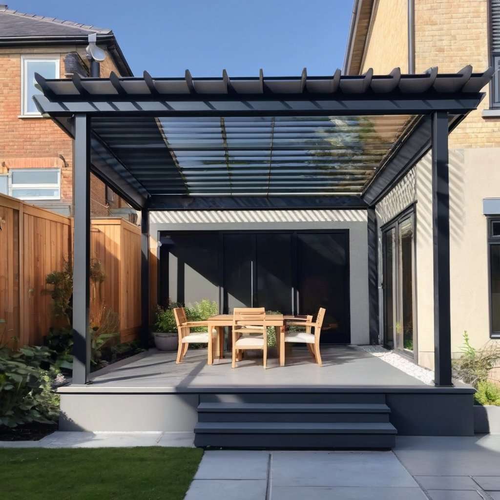 louvered panels, glass and polycarbonate roof, natural light, elegant design