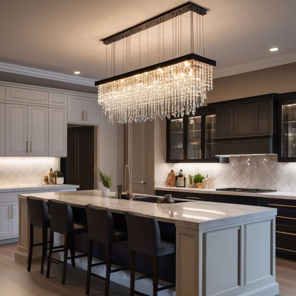 luxurious chandelier modern kitchen island