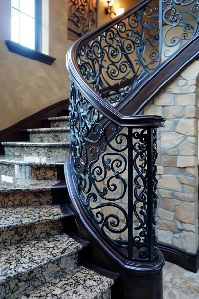luxurious, ornamental iron railing, intricate patterns, median house, sophisticated detailing, natural lighting...