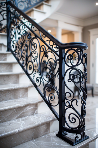 luxurious, ornamental iron railing, intricate patterns, median house, sophisticated detailing, natural lighting