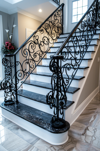 luxurious, ornamental iron railing, intricate patterns, median house, sophisticated detailing, natural lighting.