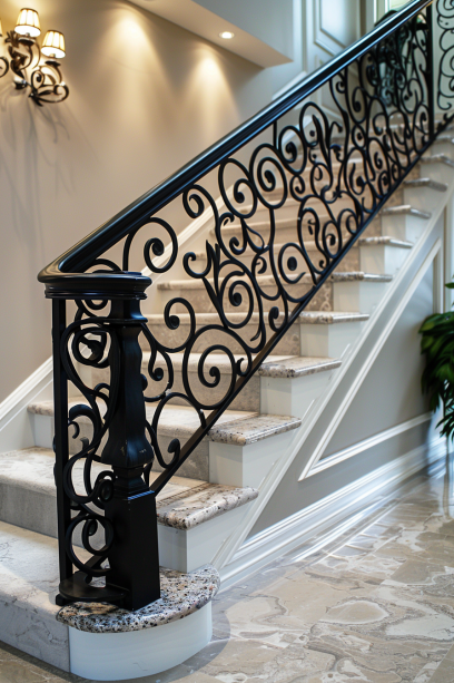 luxurious, ornamental iron railing, intricate patterns, median house, sophisticated detailing, natural lighting..