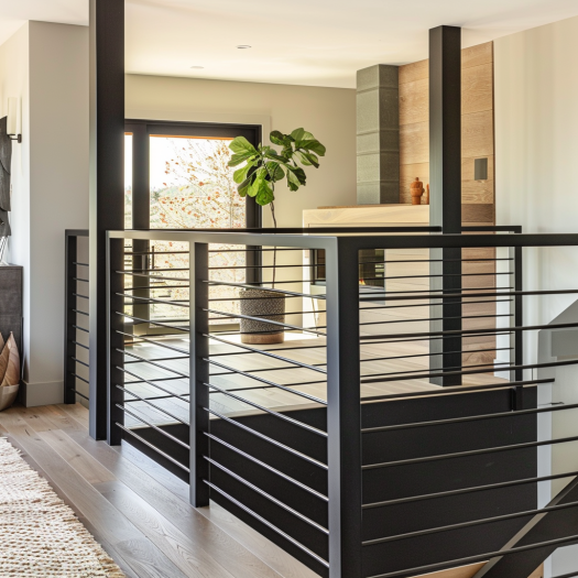 minimalist black metal railings, modern interior, staircase, pale walls, simple style..
