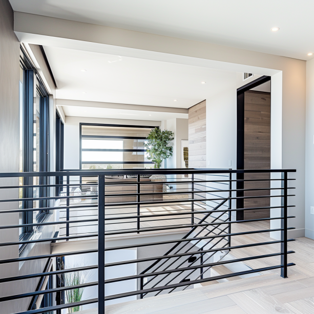 minimalist black metal railings, modern interior, staircase, pale walls, simple style...