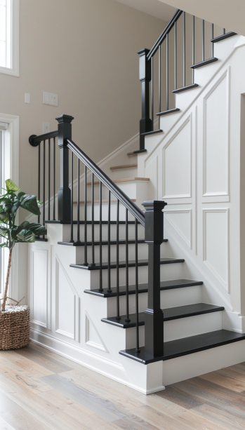 minimalist black metal railings, modern interior, staircase, pale walls, simple style