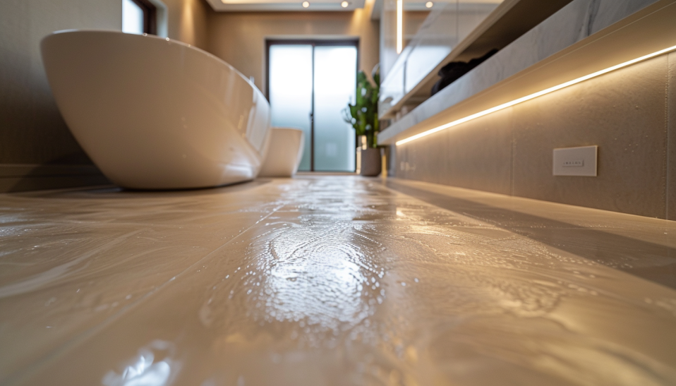 modern bathroom, rubber flooring, slip-resistant, comfortable, minimalist design