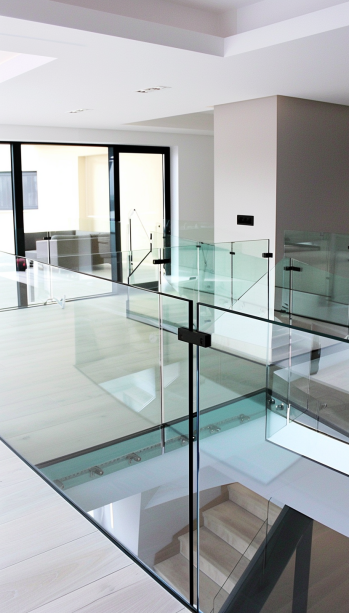 modern home interior, floating glass railings, minimalist design, contemporary architecture.